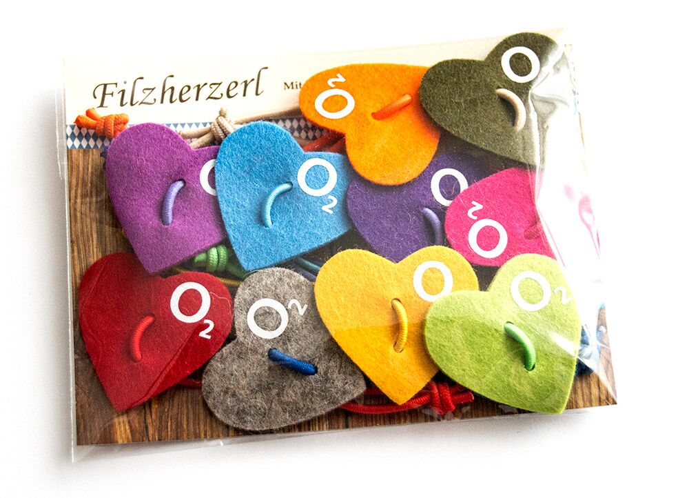 Bunte Herzerl mit Logoaufdruck (ab 100 St.), als Sets verpackt